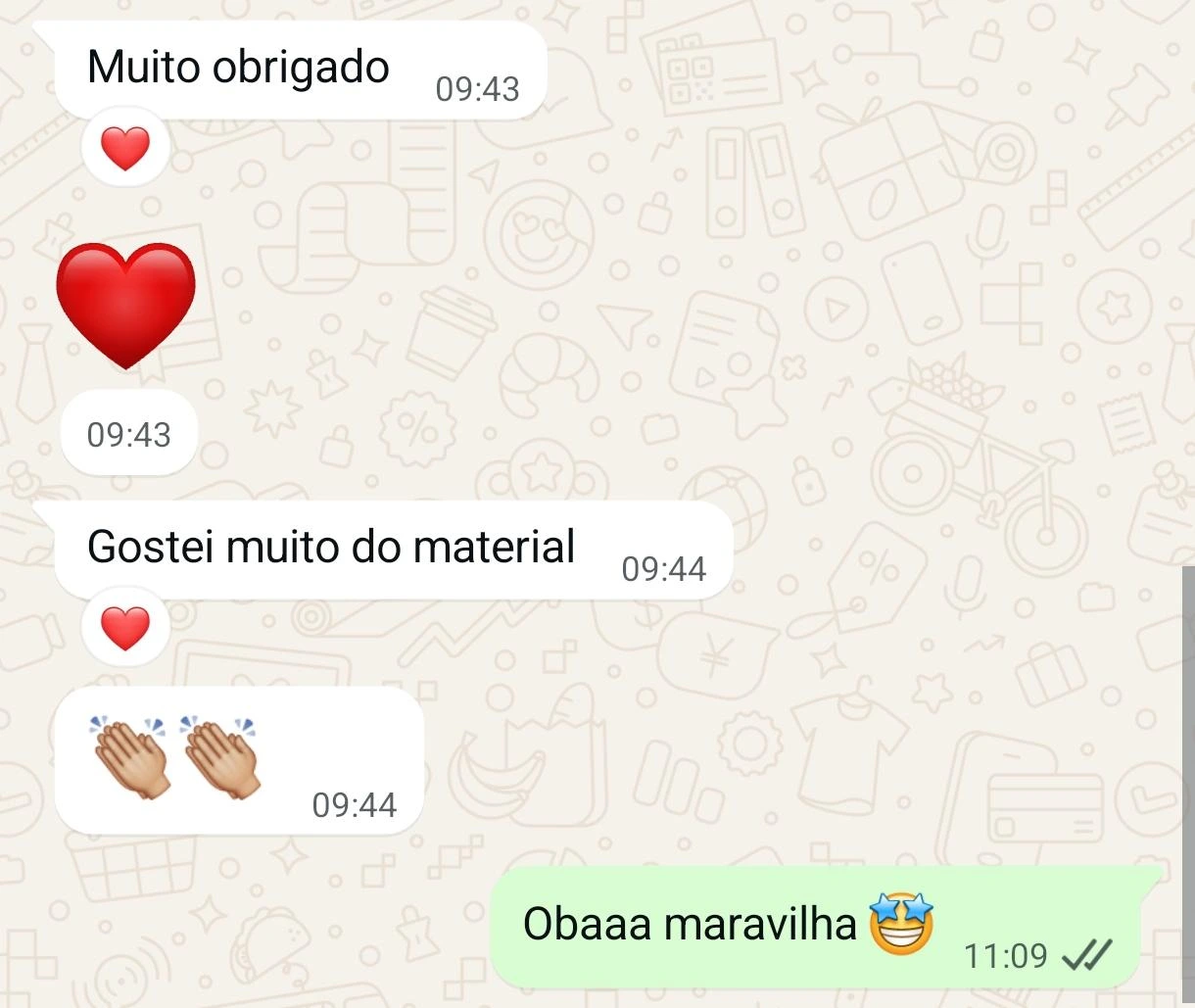 Print de conversa no WhatsApp com depoimento sobre o kit